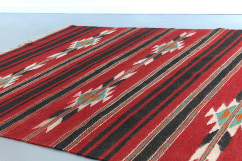 Vintage Red and Black Patterned Aztec Flat Weave Wool Rug
