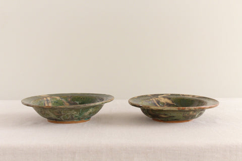 Vintage Rustic Pair of Green Ceramic Studio Pottery Bowls