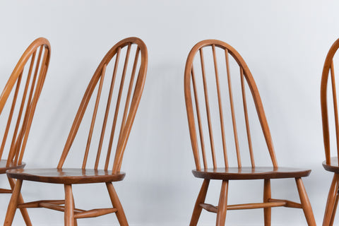 Vintage Set of 4 Ercol Light Elm Quaker Back Windsor Dining Chairs No.365