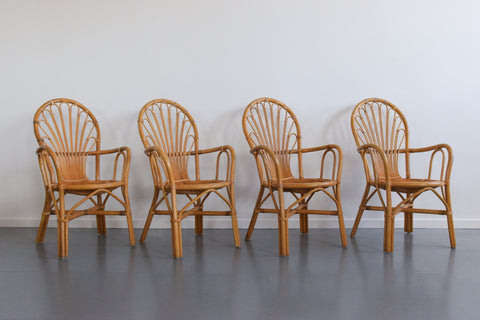 Vintage Set of Four Wicker/Rattan/Bamboo Arm Chairs