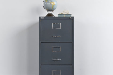 Vintage Metal Three Drawer Blue/Grey Metal Filing Cabinet