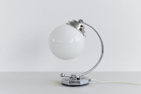 Vintage Small Chrome Art Deco Table Lamp with White Glass Opaline Shade