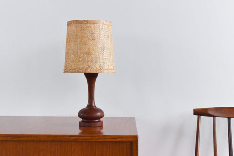Vintage Small Teak Table Lamp with Natural Rattan Shade