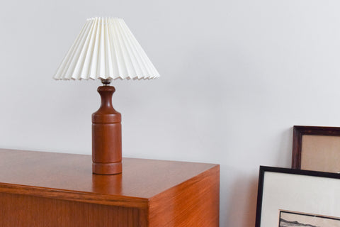 Vintage Small Teak Table Lamp with New Cream Pleated Lampshade