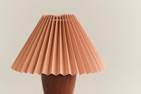 Vintage Small Teak and Brass Tripod Table Lamp with New Terracotta Pleated Shade