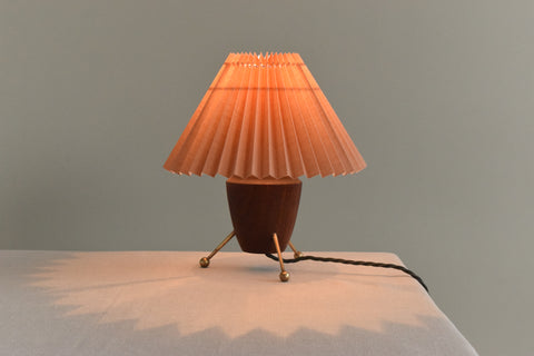 Vintage Small Teak and Brass Tripod Table Lamp with New Terracotta Pleated Shade