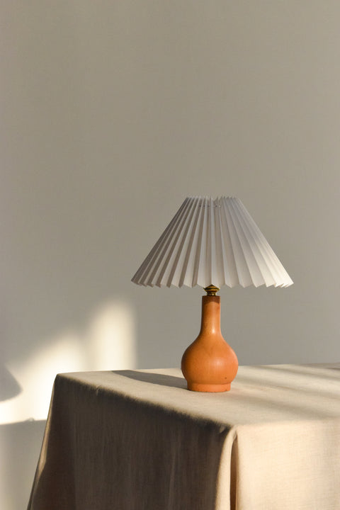 Vintage Small Wooden Table Lamp with New White Pleated Lampshade