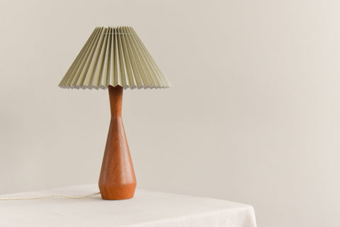 Vintage Teak Table Lamp with New Sage Green Pleated Lampshade