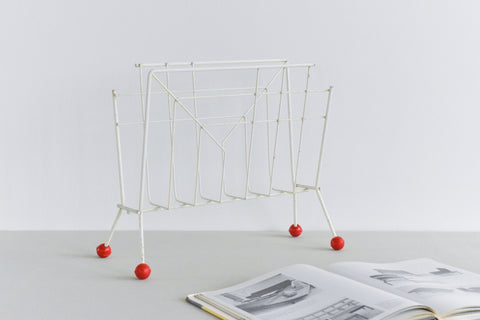 Vintage White and Red Atomic Wire Magazine Rack