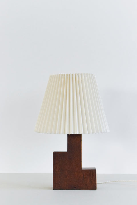 Vintage Wooden Sculptural Table Lamp with New White Pleated Shade