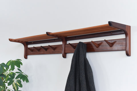 Vintage Double Afrormosia Wall Mounted Coat Rack with Parcel Shelf by John Herbert for A. Younger Ltd