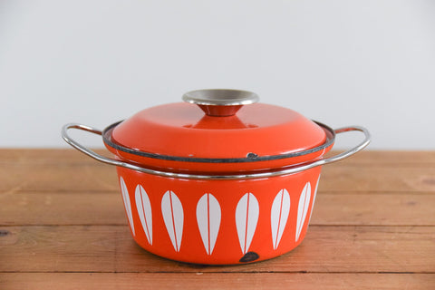 Vintage 1960s Arne Clausen for Cathrineholm Orange/Red and White Lotus Design Enamel Casserole Pan