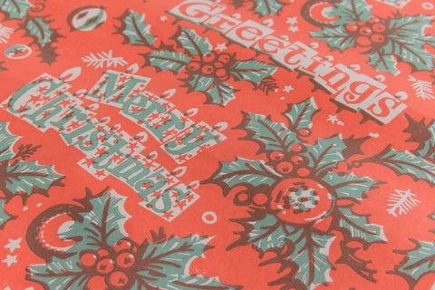 Vintage Original 1950s Red Pattered Christmas Wrapping Paper
